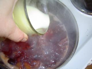 Ve sklenici studené vody (nebo mléka) rozmícháme vanilkový pudinkový prášek nebo 40 gramů maizeny (či bramborového škrobu). Za stálého míchání vlijeme do vařící se švestkové omáčky (nebo mléka) rozmícháme vanilkový pudinkový prášek nebo 40 gramů maizeny (či bramborového škrobu). Za stálého míchání vlijeme do vařící se švestkové omáčky. Necháme provařit, případně naředíme (je-li moc hustá).