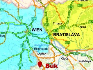 Městečko (obec) Bük s lázeňskou čtvrtí Bükfürdő leží na severozápadě Maďarska, v těsné blízkosti hranic s Rakouskem. Proto je nejsnadnější a nejrychlejší cesta autem do Vídně, pak po A3 na Eisenstadt, dále na maďarskou Sopron (Šoproň) a po silnici číslo 84 asi po 50 kilometrech odbočit na Bük. Z Prahy to je asi 345 kilometrů.